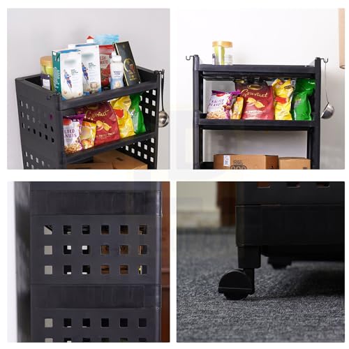 Image of LEOPAX 4 Layers Plastic Rolling Storage Rack | Multipurpose Stackable Storage Rack with Wheels for Kitchen Laundry Room Bathroom Office Home - Black (50 x 30 x 75cm)