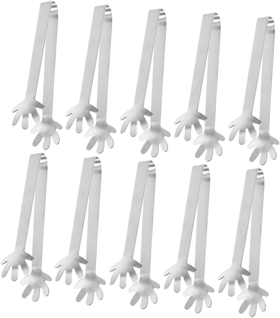 Luxshiny 10pcs Mini Stainless Steel Tongs Hand Shape Small Serving Clips for Ice Cubes Appetizers Sugar for Kitchen Outdoor Picnics and Tea Parties