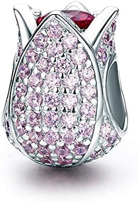 Tulip Charm 925 Sterling Silver Pink CZ Dangle Flower Charms for Pandora Women Bracelet Birthday Valentine's for Her Mum Wife Friend (B)