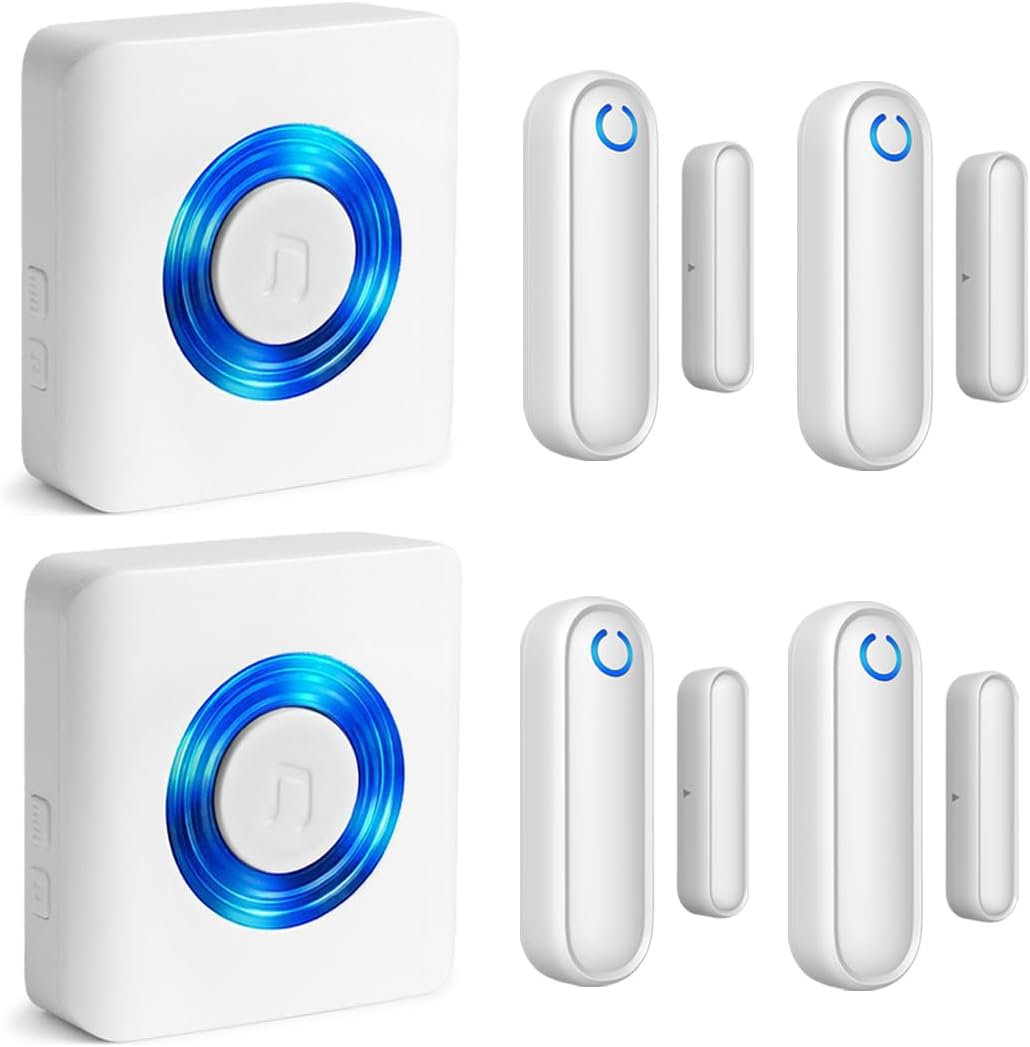 Caregiver Pager Door Alarms for Dementia Patients/Kids Safety/Home Security,Wireless Door Alarm Sensor for Elderly/Business/Home/Store(4 Sensors and 2 Receivers)