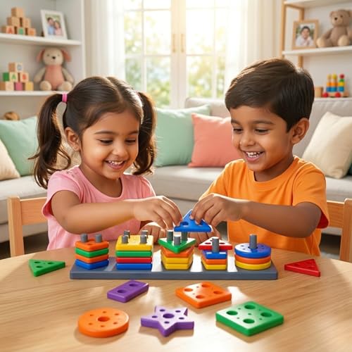 Image of Kids Mandi Geometric Shape Sorter - Montessori Learning Toy for Toddlers - Color Recognition & Stacking Blocks for Fine Motor Skills - Educational STEM Toy for 1, 2, and 3 Year Old Boys & Girls