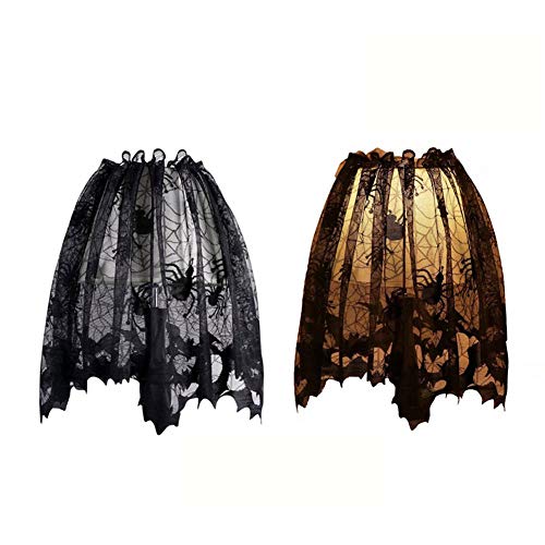 Dulcii 3 in 1 Halloween Black Lace Spider Web Lampshade Topper/Window Wag/Fireplace Mantle Scarf, Halloween Home Decor Essentials, Size:20x60inch / 51x152cm, 2 Pack