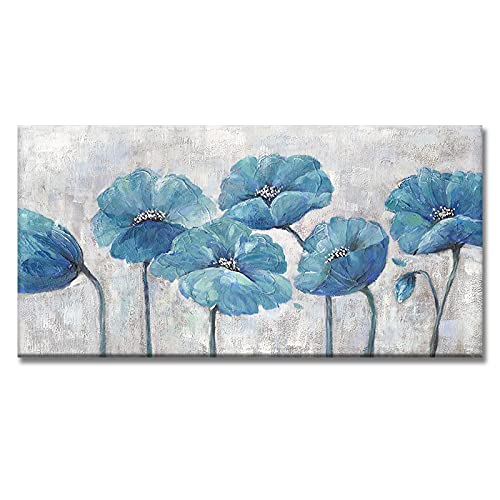 Toile imprimée fleurs bleues vintage 50x100cm grand format pour salon