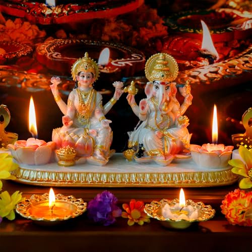 Estatua de Ganesha y Lakshmi 5.3 in acabado marmol