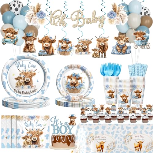 Hombae Highland Cow Baby Shower Decorations for Boy 199 PCs Holy Cow Baby Shower Party Supplies Tableware Set with Boho Blue Plates Napkins Hanging Swirls Serve 24 Guests