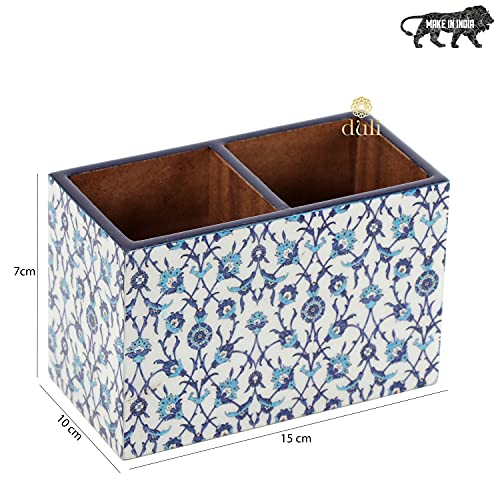 Image of DULI Multipurpose Stand, Cutlery Holder, Spoon Stand, Table Organizer with 2 Sections, Chammach Stand (10cm x 15cm) (BlueMoroccan) Engineered Wood,Utensils