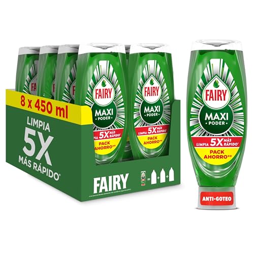 Fairy Maxi Poder Lavavajillas Liquido A Mano, 3,6 L 8 X 450 Ml , Con Poder Antigrasa, Limpieza Facil Platos, Ollas Y Sartenes Mas Grasientas
