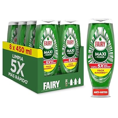 Fairy Maxi Poder Lavavajillas Liquido a Mano, 3,6 L (8 x 450 ml), Con Poder Antigrasa, Limpieza Facil Platos, Ollas Y Sartenes Mas Grasientas | Ya disponible en tu tienda friki favorita! En mundofriki.es!