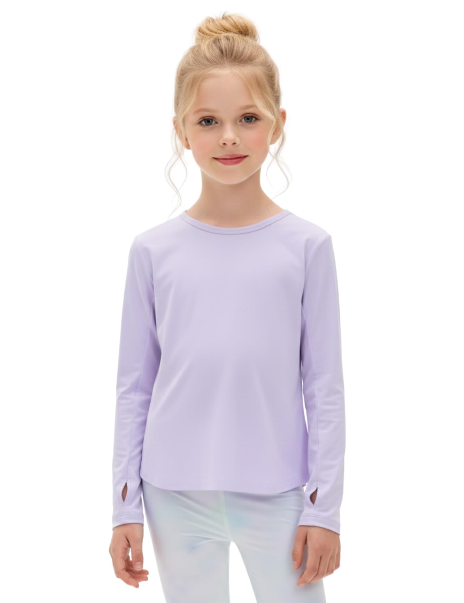 Girls' Long Sleeve Workout Top with Thumbholes Quick-Dry 4-Way Stretch Moisture Wicking Shirt for Yoga, Dance, Gymnastics(Age 6-10)-image-2