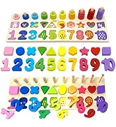 TOYLI Educational Math Learning Board and Puzzle Wooden 4 in 1 Shapes and Numbers for Toddler Mon...