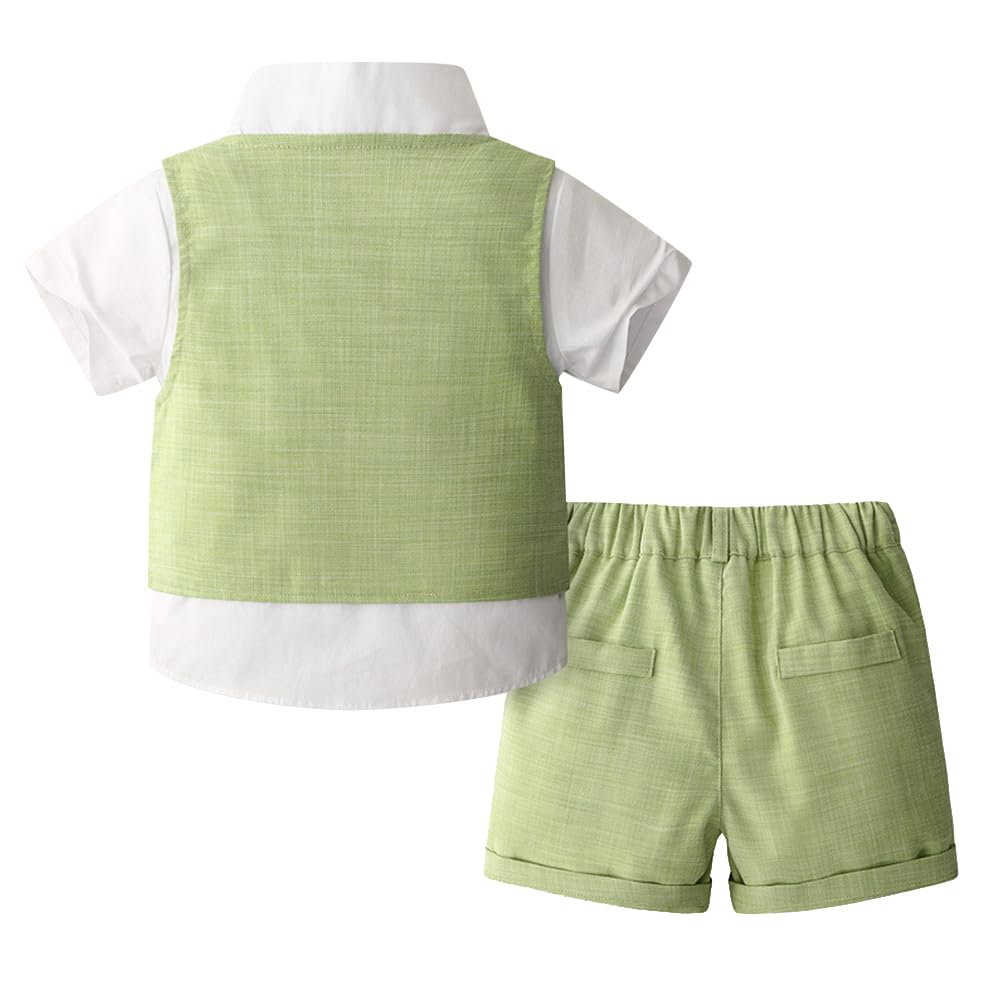 OBEEII Toddler Baby Boys Gentleman Baptism Photoshoot Clothes Short Set Formal Wedding Ring Bearer Outfits Christening Tuxedo Suit Short Sleeve Dress Shirt + Shorts + Vest + Bow Tie Green 4 Years