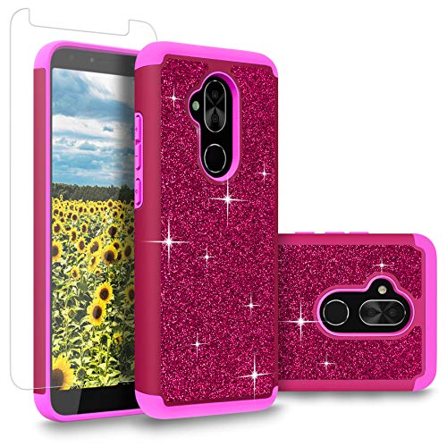 Cellularvilla Alcatel 7 Case, Revvl 2 Plus Case, [with Tempered Glass] Bling Glitter Hybrid Full Body Protective Shockproof Bumper Case Cover for Alcatel 7 / Alcatel 7 Folio/Revvl 2 Plus (Pink)