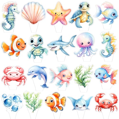 48Pcs Sea Animal Cupcake Toppers Ocean Sea Animal Birthday Party Decoration Under The Sea Cupckae Toppers for Ocean Sea Theme Birthday Baby Shower Supplies Under The Sea Party Decorations
