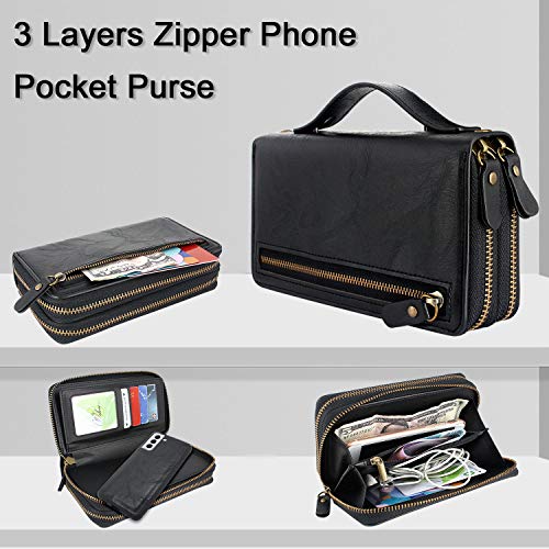 Harryshell Compatible With Samsung Galaxy S21+ S21 Plus 5G 6.7 Inch (2021) Case Wallet Multi Zipper Detachable Magnetic Cover Clutch Purse Bag Card Slots Mirror Crossbody Chain Wrist Strap (Black) #TOP1