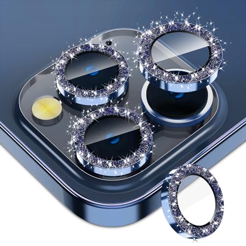 Protection objectif caméra iPhone 15 Pro Max anneau métal luxe pailleté titane bleu
