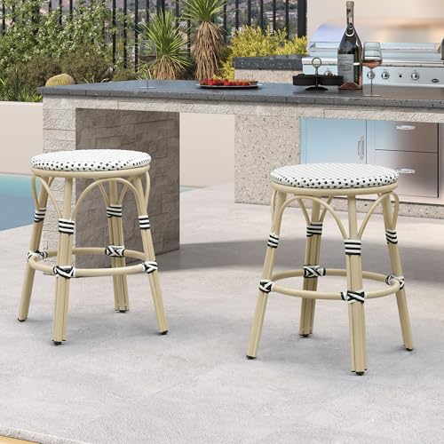 Image of PURPLE LEAF Patio French Round Counter Stool Set of 2 Backless 26 inch Large Seat White Print Aluminum Frame Barstools with Handwoven Rattan Wicker for Outdoor Kitchen Cafe White and Black