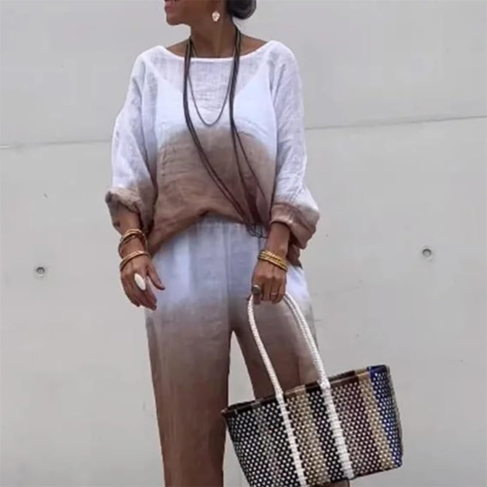 Set da donna casual e confortevole sfumato due pezzi Abiti estivi in lino per le donne Gamba larga Set di pantaloni a palazzo