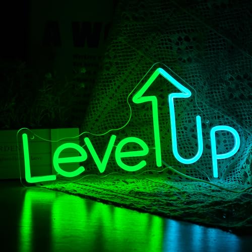 Image of Level UP Neon Sign, Neon Sign For Wall Decor, Game Room Game Zone LED Neon Light Wall Art Decor Home Bedroom Gaming Room Decoration Party Personalized For Gamer (15.7 x 8.7 in)