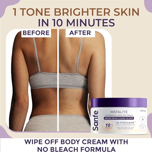 Image of Sanfe Detan Cream Instalite Detan Wipe Off 100 gm | With Glycoclear Technology | 1 Tone Brighter in 10 mintues | For Legs, Arms, Underarms and Back | Detan Cream Pack for Tan Removal & Glowing Skin