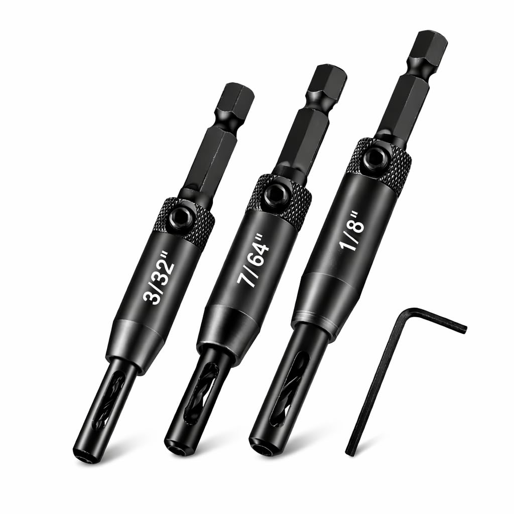3-Piece VIX Bits Self Centering Drill Bit Set, HSS4341 Self-Centering Hinge Bit for Cabinet Door Hinges & Hardware, 3/32 7/64 1/8 Center Drill Bit Set, 1/4 Hex Shank + Hex Key