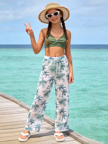 Image of Girls Swimsuit 3 Piece Bathing Suit Criss Cross Bikini Set Tropical Floral Swimwear with Mesh Cover Up Pants Size 9-16Y