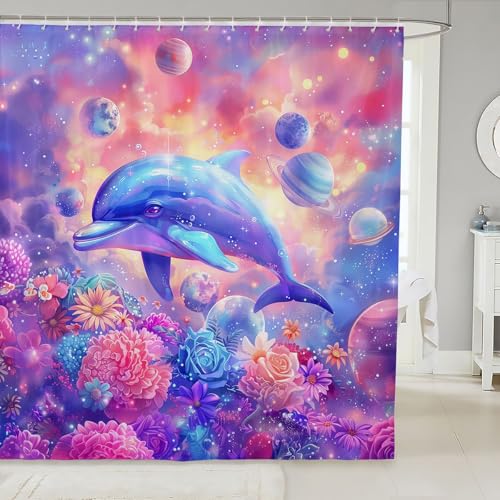 feelingyou Rideau de douche 3D dauphin taille M nuages multicolores rêveurs ciel étoilé décor ciel étoilé rideau de bain pour enfants romantique...