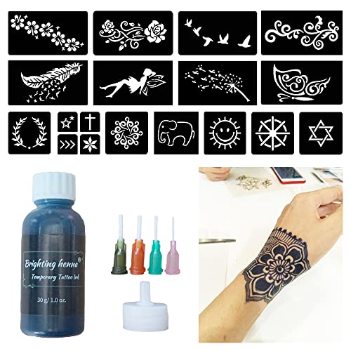 brighting henna Upgrade Body Art Painting Temporary Tattoo Kit, Waterproof Long-Lasting 7-15 Days Natrual Tattoos Ink Set, 15 Stencils Stickers