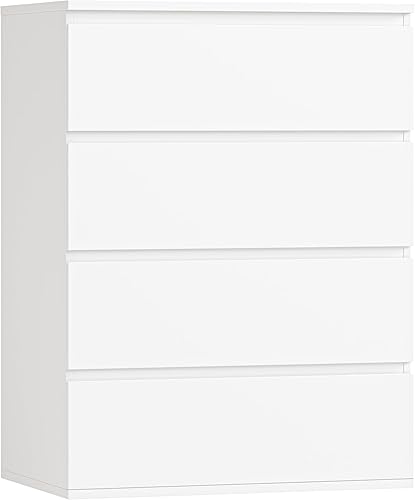 FOTOSOK Cómoda de 4 cajones, cómoda blanca de almacenamiento moderna, 23.6 pulgadas de largo x 15.7 pulgadas de ancho x 31.5 pulgadas de alto,