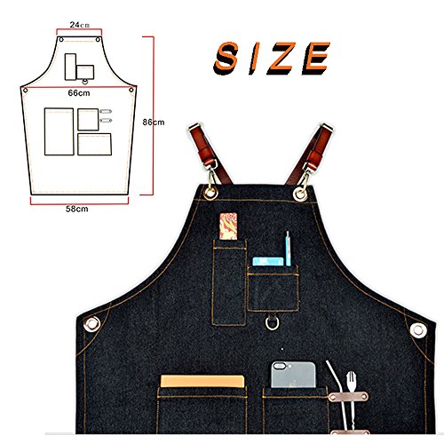 Boshiho Denim Jean Work Apron - Adjustable Bib Chef Apron Barber Apron - Utility Shop Tool Apron with Cross-back Leather Straps (B)