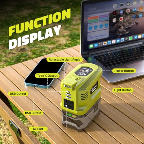 Image of Ecarke 200W Portable Power Inverter Compatible with Ryobi 18V Battery, DC 18V to AC 110V Power Station with 1 AC Outlet, 2 USB, 1 Type-C & LED Light, for Outdoor Emergency Use (No Battery)