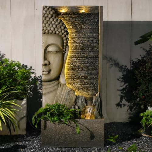 Tankana 47.5' Buddha Water Fountain Outdoor with LED Lights, Large Zen Garden Waterfall Feature with Double Bubblers and Stream, Resin Statue for Patio, Yard, Porch, Meditation Decor