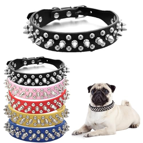 Collares de perro con pinchos, collar de perro con tachuelas de cuero remachado, collar de cachorro con pinchos ajustables para perros pequeños, medianos y grandes, color negro, talla S
