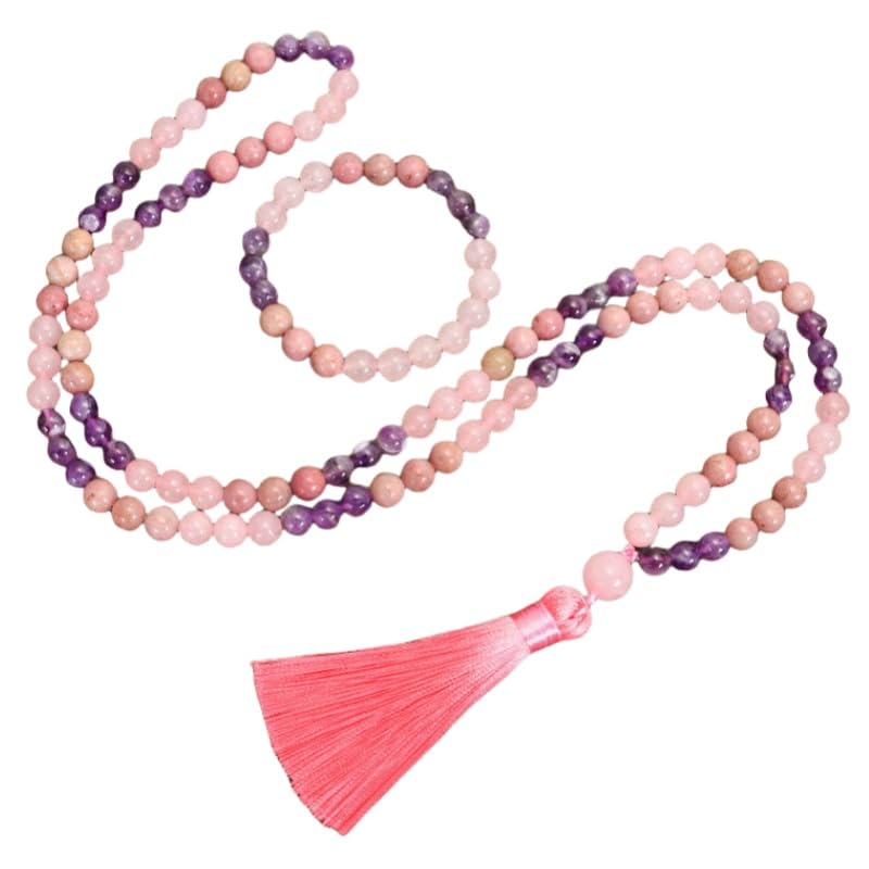Collier de prière pour apaiser le stress en quartz rose et améthyste