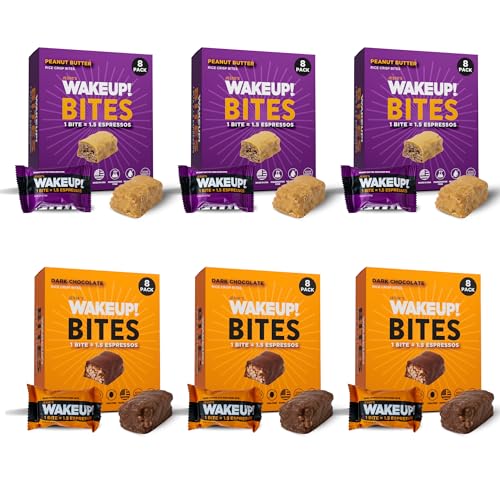 Image of WAKE UP! Caffeinated Protein Bites - VALUE PACK - 6 Cartons (48 Bites) 3 Peanut Butter & 3 Dark Chocolate Proprietary Blend with 175mg Caffeine (1 Bite = 1.5 Espressos) Boosts Focus & Clarity - Gluten-Free, Vegetarian, Kosher