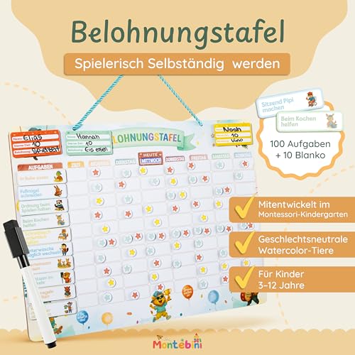 Montebini Belohnungstafel für Kinder|Magnetisches Belohnungssystem|100 Aufgaben|300 Sterne|Wochenplan|abwischbar|Montessori-Konzept|3-12 Jahre|umfangreiches Zubehör