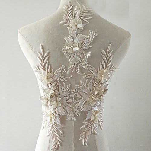 Beaded Flower Sequence lace Applique Motif Sewing Bridal Wedding 3in1 A5 3D (Champagne)