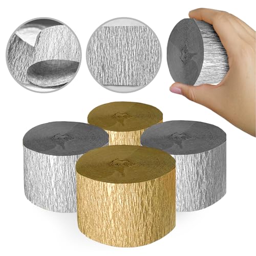 Image of 4 Crepe Paper Streamers Rolls, 328ft Pack of Silver and Gold Crepe Paper for Graduation Christmas New Year Wedding Baby Shower Birthday Party Decorations (1.8 inch x 82 ft /Roll)