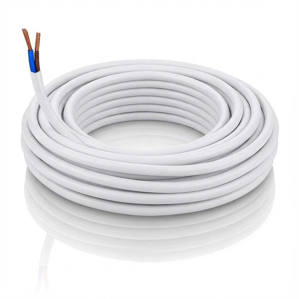 LampStation 2 Core 1mm 240V White Round Flex Cable 3182Y - Flexible PVC Stranded Copper Wire for Lamps, Lighting & Small Appliances - BASEC Approved - 3 Metres