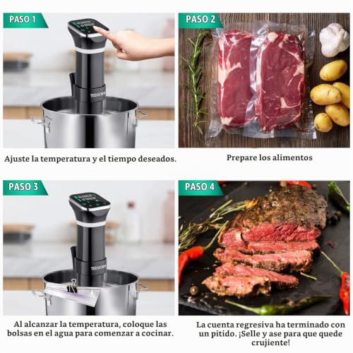 Miniatura 6 de Teeucny Sous Vide Aparato De Cocina Precisión, Máquinas Para Cocinar Al Vacío, Circulador De Inmersión Termal Con Pantalla Lcd Legible, Temporizador Ajuste De Temperatura, Noxidable Libre De Bpa 1100w