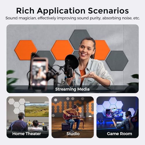 Image of Self-Adhesive Acoustic Panels [390 lbs /yd Ultra-High Density], 2nd Generation Sound Absorbing Panel, Professional Level Sound Panel, Polyester Soundproof Foam [Large Hexagon, Orange & Moon Grey]