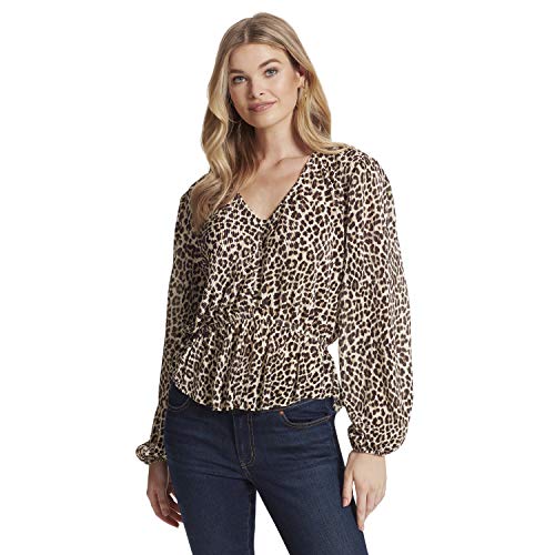 Jessica Simpson Women's Bettina Stylish Cinched Waist Woven Blouse Top, Frozen Dew Rosette Leopard, Medium #TOP15