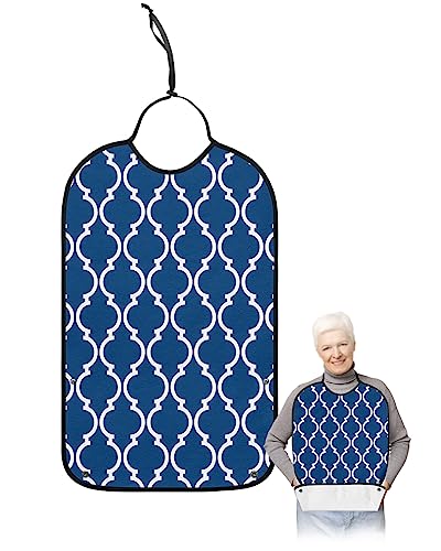 Blue Morocco Pattern Adult Bibs for Eating, Waterproof Bibs with Food Catcher & Adjustable Snap Closure, Moroccan Modern Geometric Abstract Art Clothing Protectors Adult Bibs for Elderly Women/Men