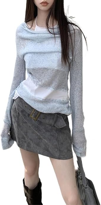 CEINOM Y2k Women Fake Two Piece Halter T Shirt Slim Long Sleeve Design Elegant Korean Fashion Patchwork Tee Shirt Top