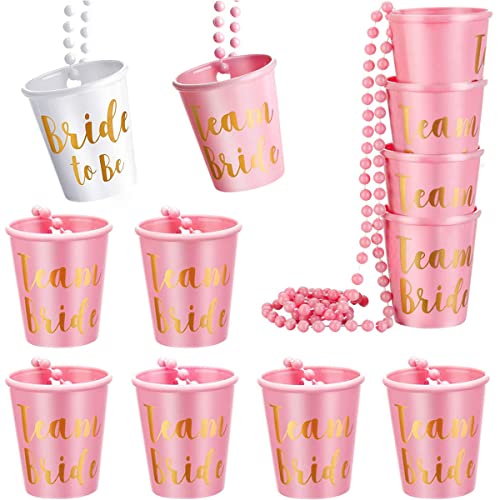 Aoen 12 Pcs Hen Party Shot Glasses Necklace Plastic Beaded Bridal Shot Glass Necklace Pink & White for Bachelorette Party Bridal Party Necklaces (1 Bride to Be 11 Team Bride) Rose Gold (AE2447)