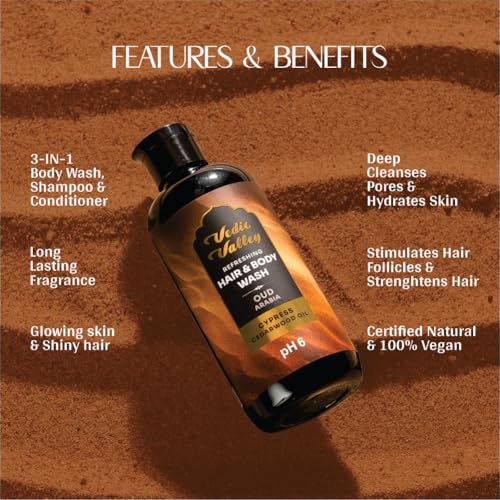 Image of VEDIC VALLEY Oud Arabia Hair & Body Wash with Cypress and Cedarwood Oil | Paraben Free Body Wash for Men & Women Helps Reduce Hair Fall & Supports Healthy Growth | Brightens Skin, Nourishes & Moisturizes Formula | 300 ml