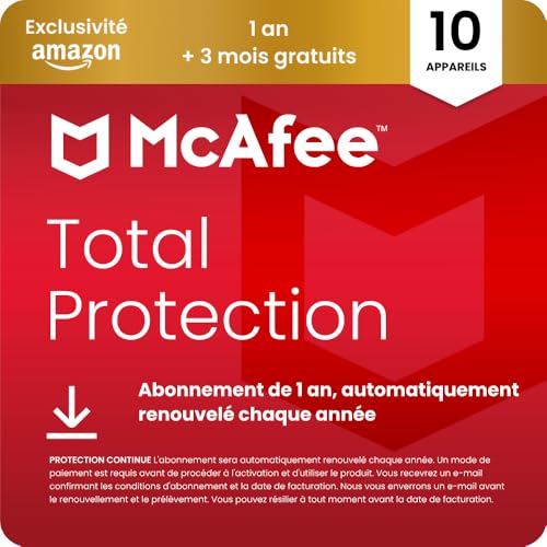 McAfee Total Protection 10 Appareils 2026, 15 mois| Amazon Exclusivité, Antivirus, VPN, Logiciel de sécurité | Abonnement, automatiquement renouvelé chaque...