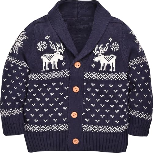 ZOEREA Toddler Baby Boy Girl Christmas Sweater Button Up V-Neck Xmas Outfit Deer Cardigan Unisex Coat Blue 6-12 Months