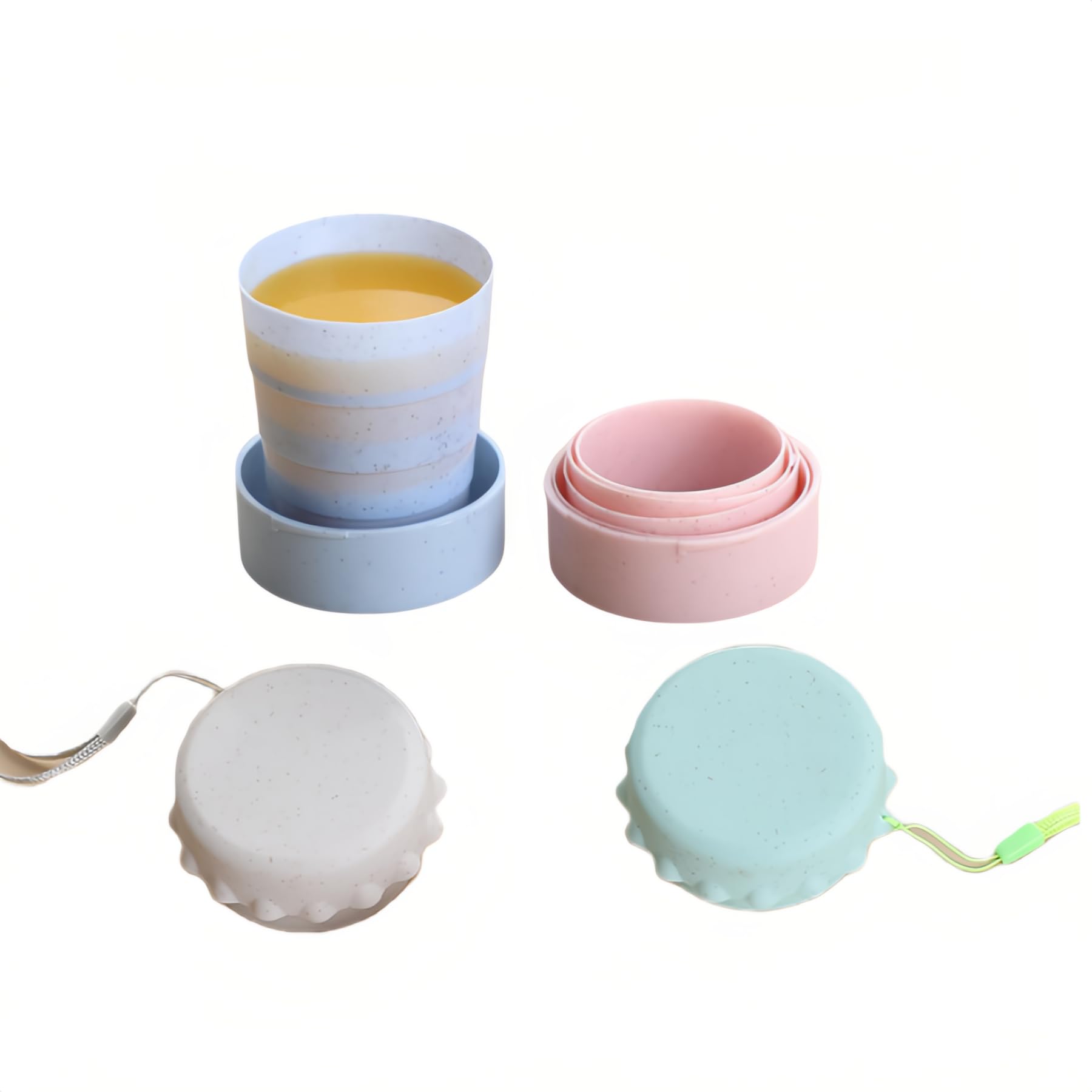 FANBODTA Collapsible Travel Cup 4-Pack, 130ml Foldable Water Cup with Lid & Carabiner, Leak-Proof Portable Drinking Cup for Camping, Hiking, Travel - BPA-Free PP (Blue/Pink/Beige/Green)