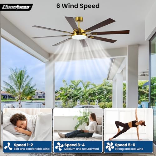 Image of 72 Inch Ceiling Fans with Lights and Remote, Dual Color 8 Blades, Bedroom Living Room Office Library Cafe Outdoor Industrial, 3CCT Dimmable, 6 Speed Reversible Quiet DC Motor, Gold /Wood Grain
