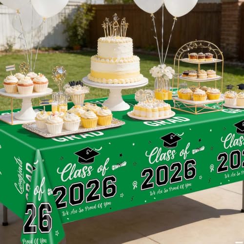 Image of Oigco 2026 Graduation Decorations, 2 Pack Green Graduation Tablecloths Class of 2026, Congrats Grad Plastic Tablecloths for Graduation Party Decorations, 54 x 108 Inch